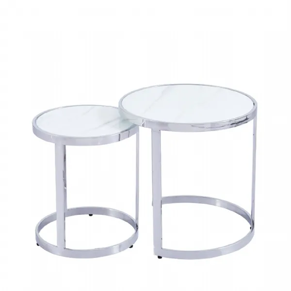 Set Of 2 Stainless Steel Nesting Table With White Marble Glass Top