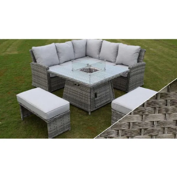 Luxury Grey Rattan Corner Set with Fire Pit and Rising Table