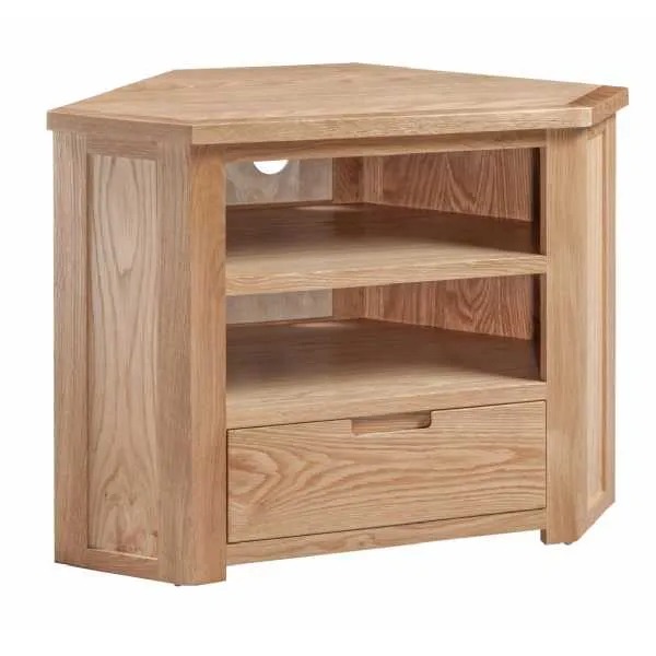 Oak Small Corner TV Media Cabinet With 1 Drawer Open Shelf Moderna Range