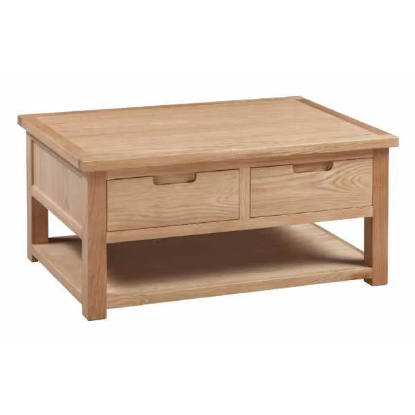 Oak Square Lounge Coffee Table With 2 Drawers Open Shelf Base Moderna Collection