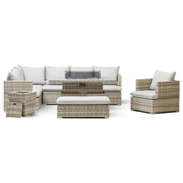 Luxury Grey Rattan Corner Firepit Set with Rising Table and Chair