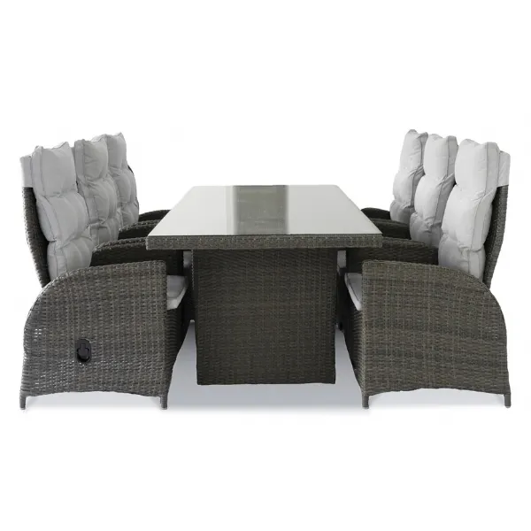Grey Rattan 2M Dining Table, 6 Recliner Chairs