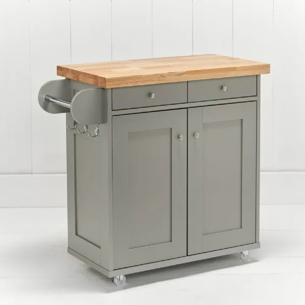 Grey Painted Wooden Top Kitchen Island Unit on Wheels