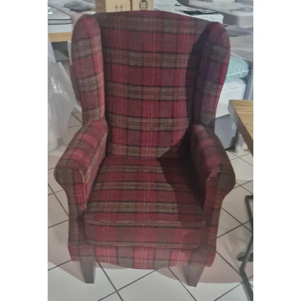 Red Tartan Fabric Winged Armchair with Optional Stool