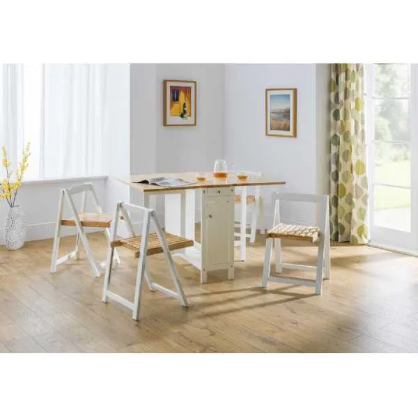 White Painted Natural Lacquered Wooden Folding Dining Set with Storage