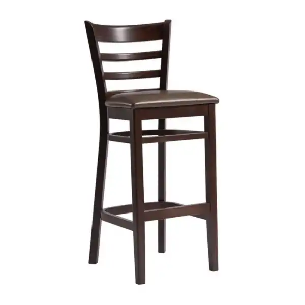 Bar Stool in Dark Solid Wood and Upholstered Leather Seat