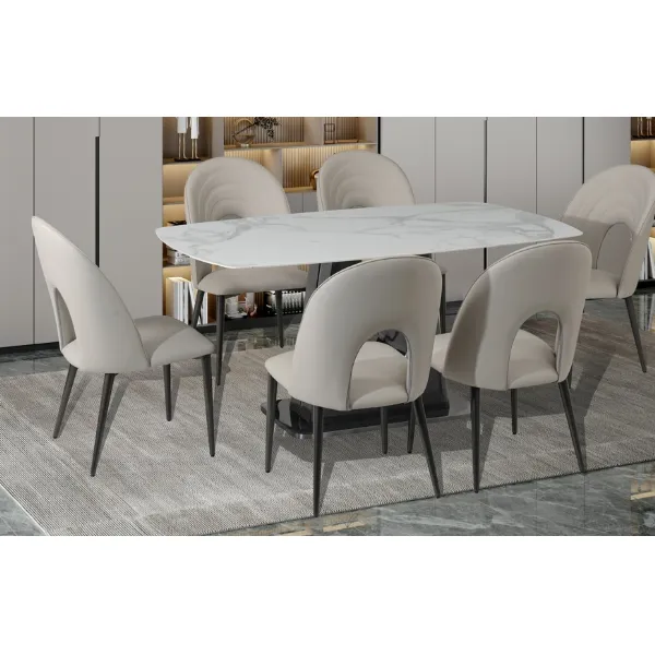 White Sintered Stone 160cm Extending Dining Table and 6 Grey Dining Chairs