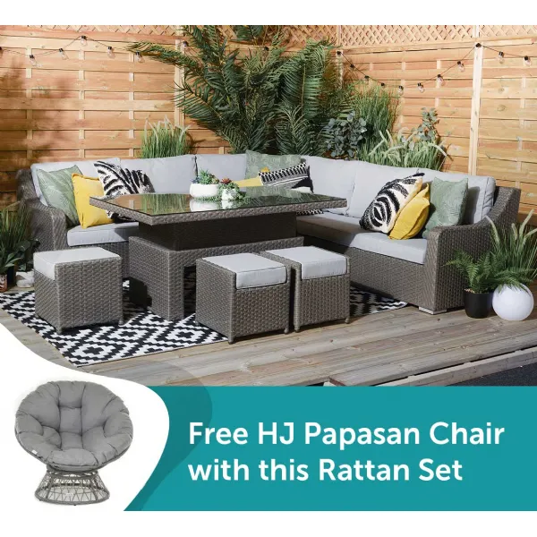 Luxury Grey Rattan Corner Sofa Set with Rising 150cm Table + Swivel Chair