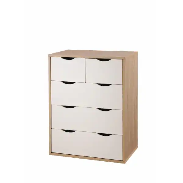 Simple Modern Oak and White 2 Over 3 Chest of 5 Drawers Cut Out Handles 78 x 60cm