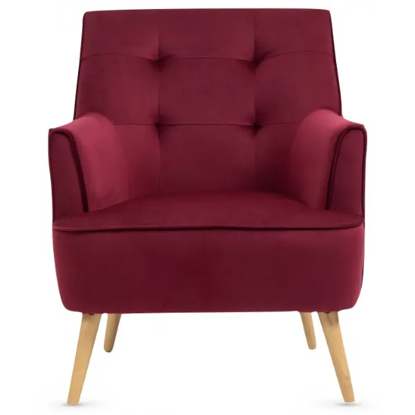 Dark Crimson Velvet Fabric Accent Chair with Oak Legs