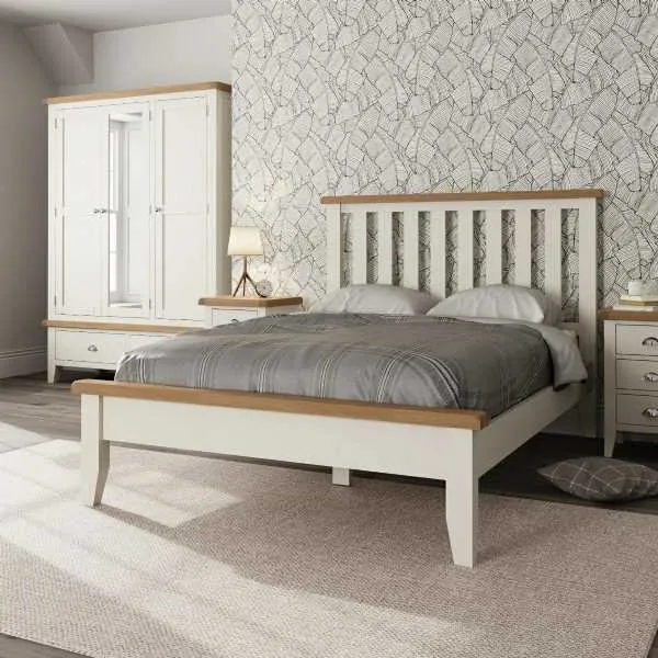 White Painted Wood 4ft6in Double 135cm Bed Frame Lime Washed Oak Top