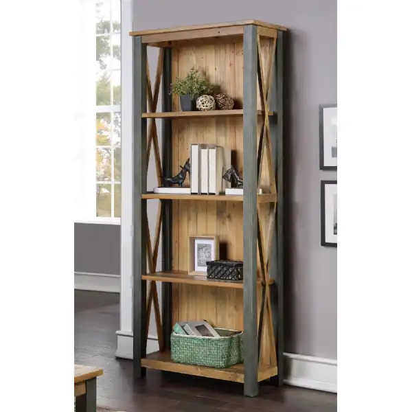Industrial Reclaimed Wood Metal 180cm Tall Narrow Bookcase 4 Shelves