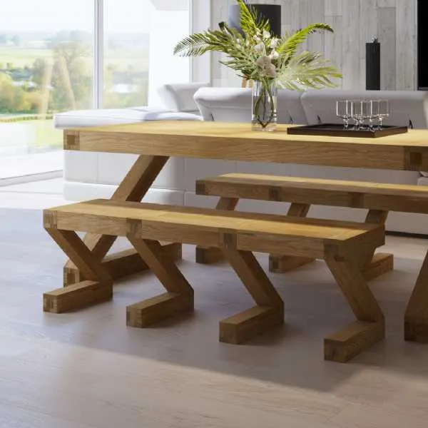 Z Shape Large Oak Dining Bench to Sit 3 People 144cm Wide Thick Top