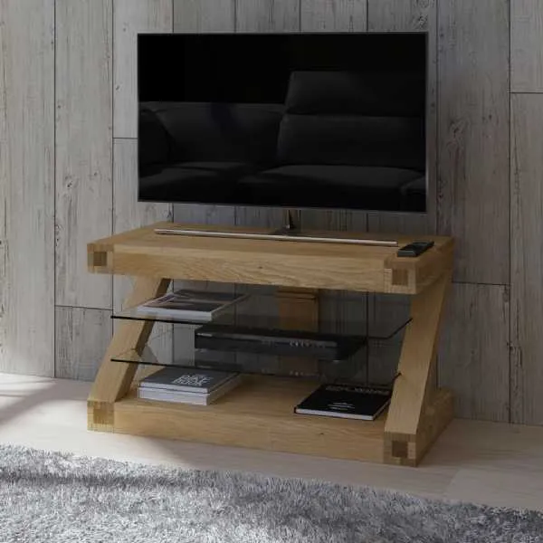 Modern Z Shape Oak Open TV Media Unit With 2 Glass Shelves 90cm Wide