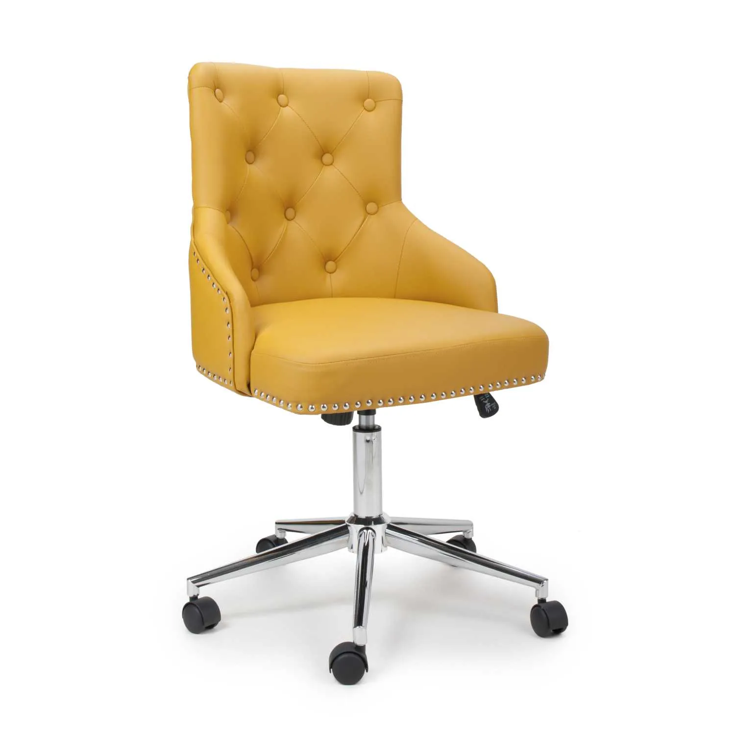 Yellow Ochre Leather Effect Office Chair Height Adjustable Buttoned Back On Chrome Legs