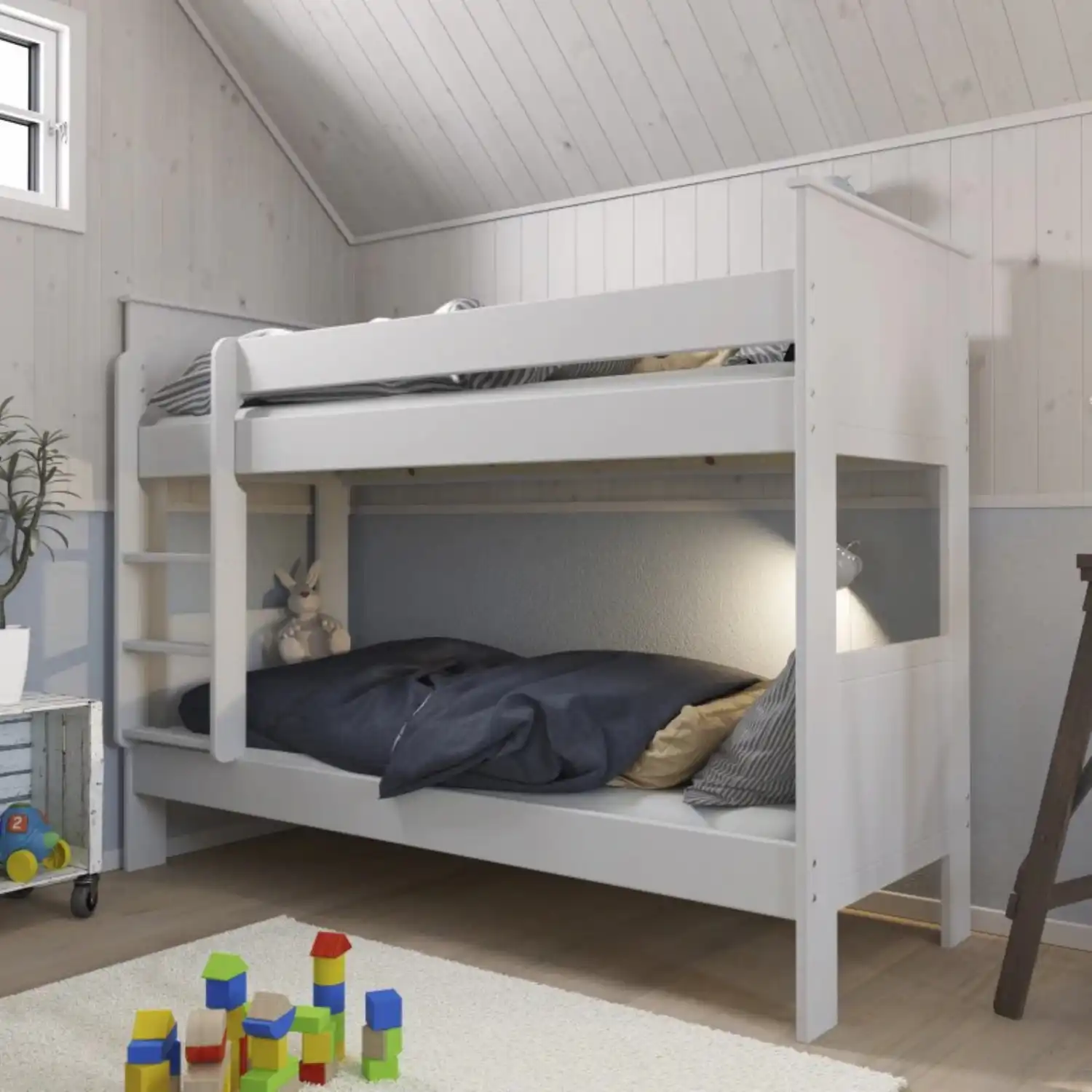White Wooden Kids Childrens Bunk Bed with Ladder