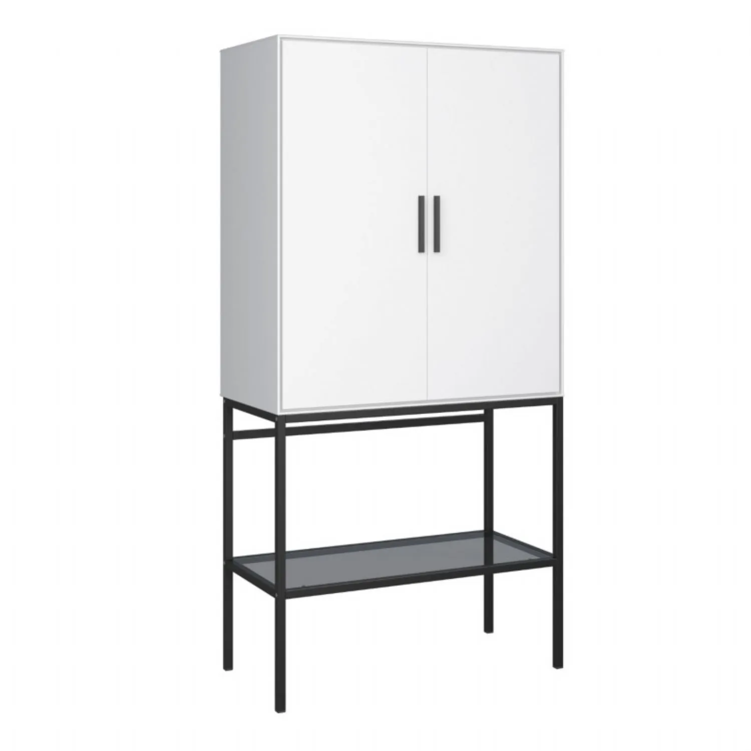 2 Door Tall Cabinet in Pure White with Steel Black Legs