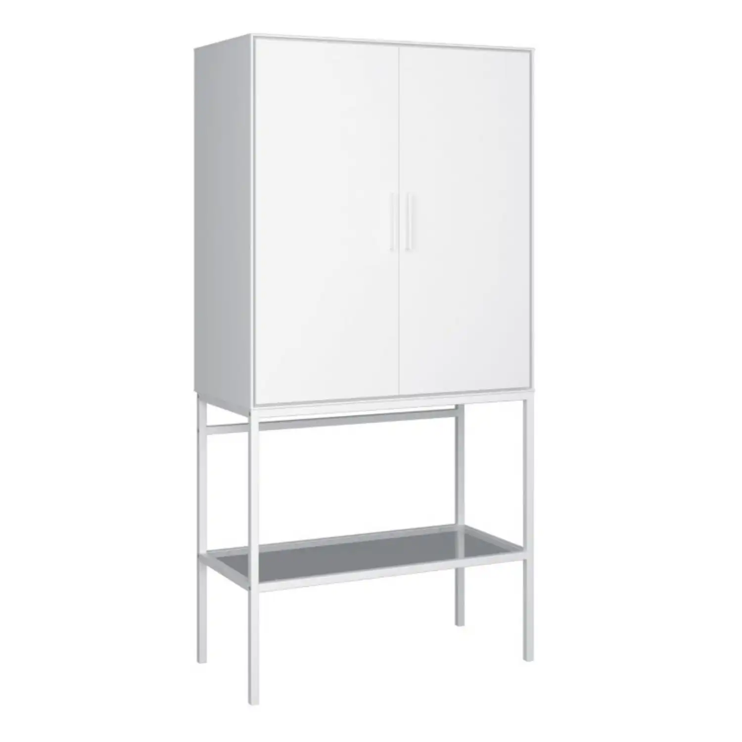 2 Door Tall Cabinet in Pure White with Steel White Legs