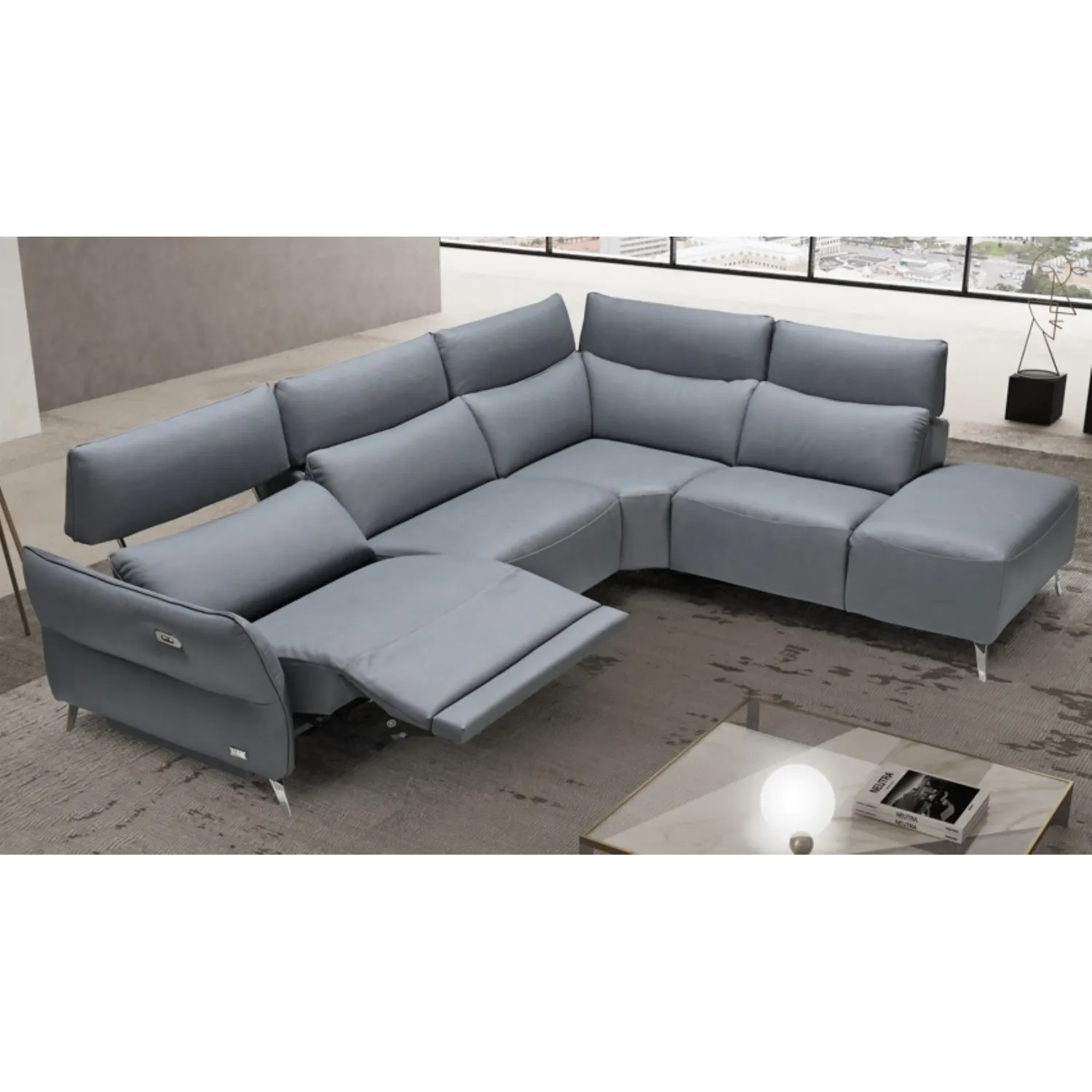 Grey Italian Leather Electric Corner Sofa with Chaise End