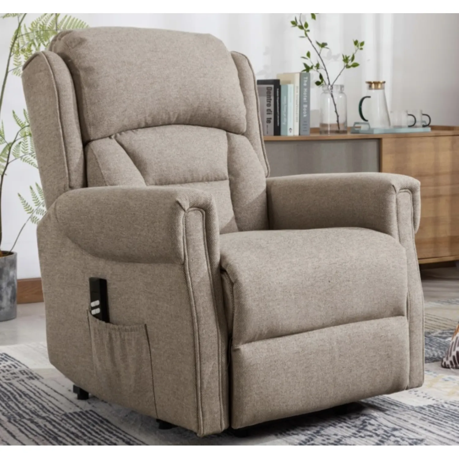 Taupe Brown Fabric Lift and Rise Dual Motor Recliner Chair