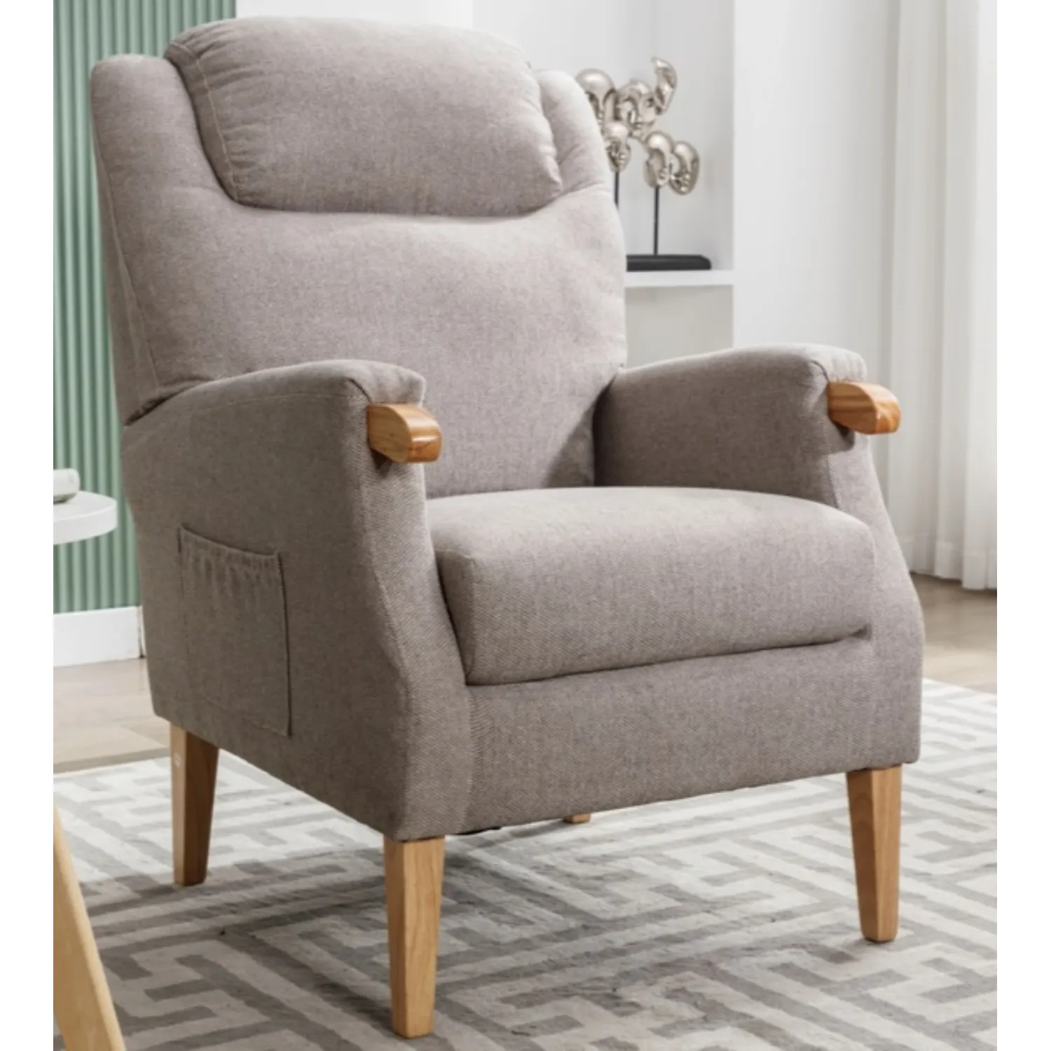 Taupe Fabric Fireside Armchair with Solid Wood Legs