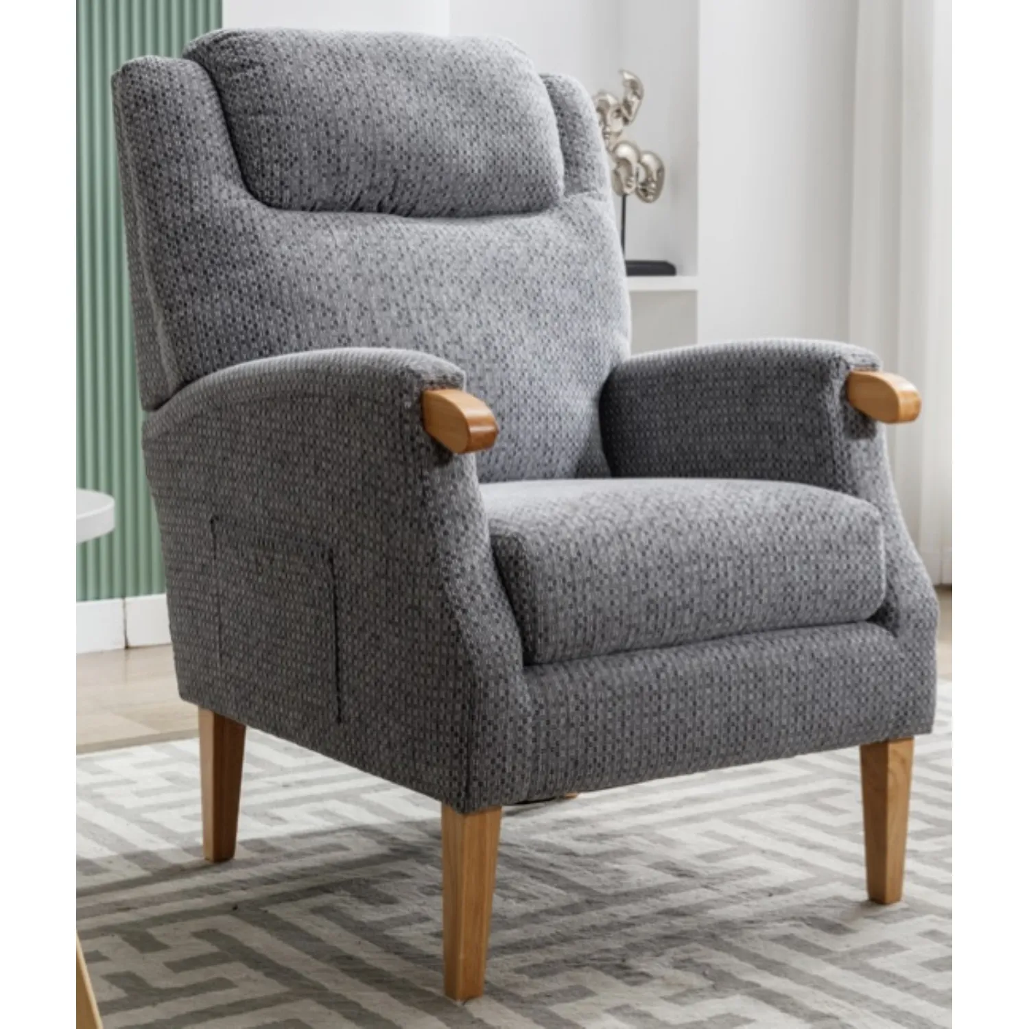 Steel Blue Fabric Fireside Armchair with Solid Wood Legs