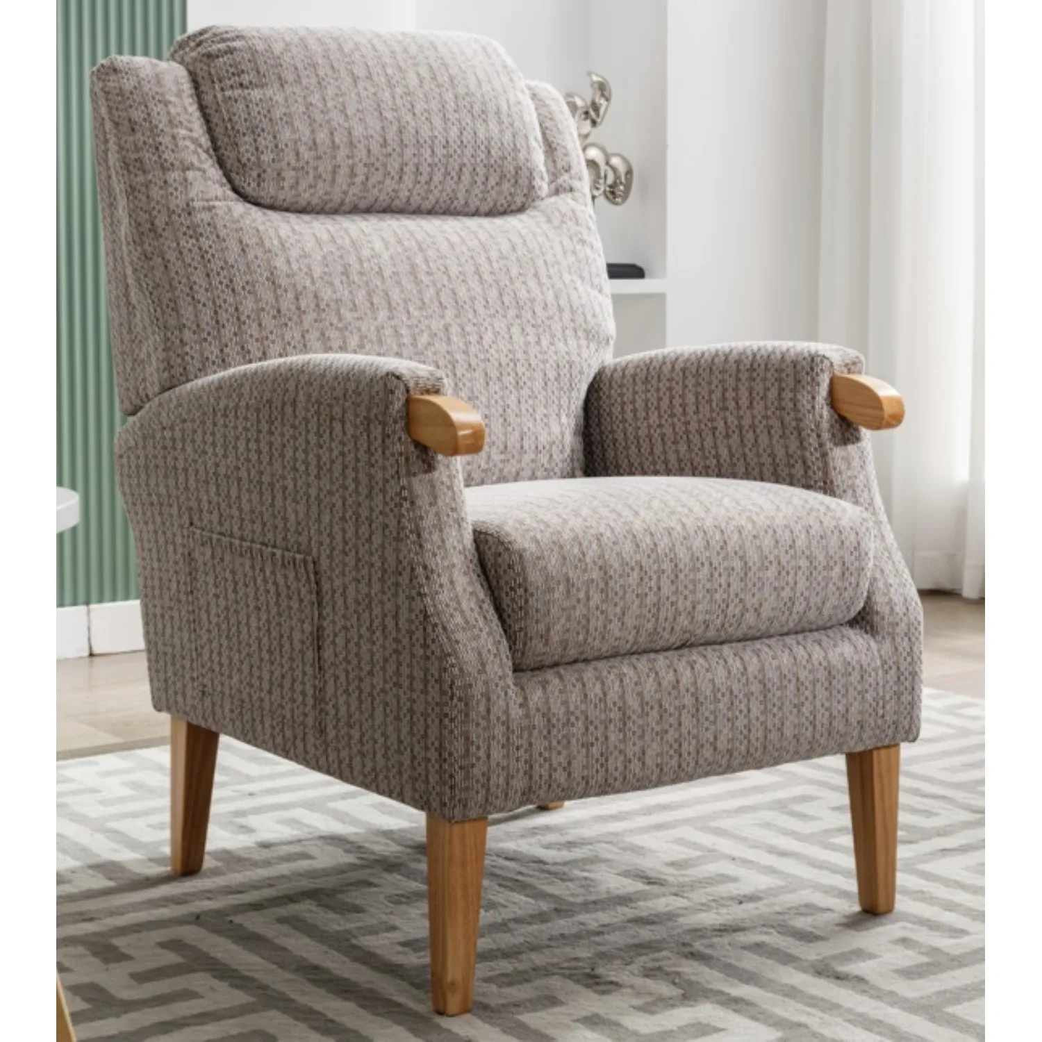 Natural Fabric Fireside Armchair with Solid Wood Legs