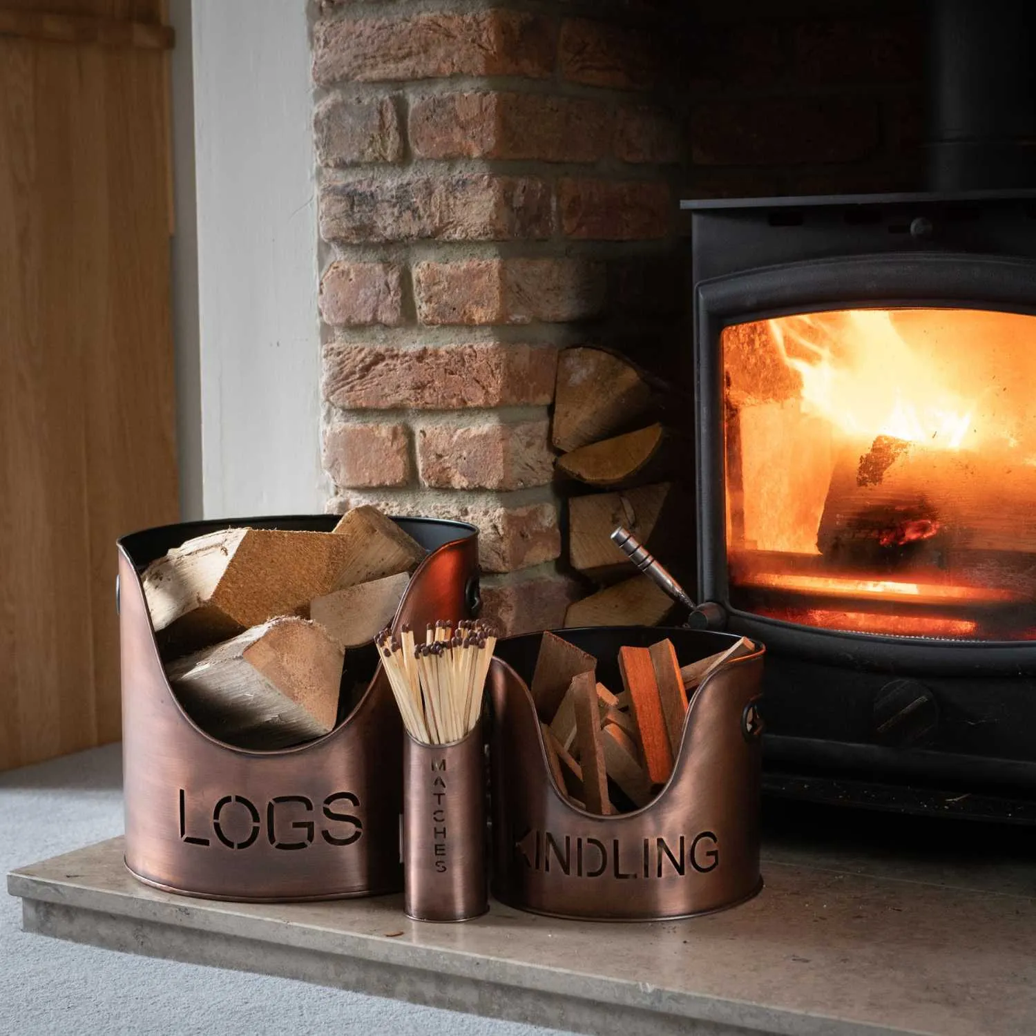 Copper Finish Logs And Kindling Buckets With Matchstick Holder Fire Hearth Set
