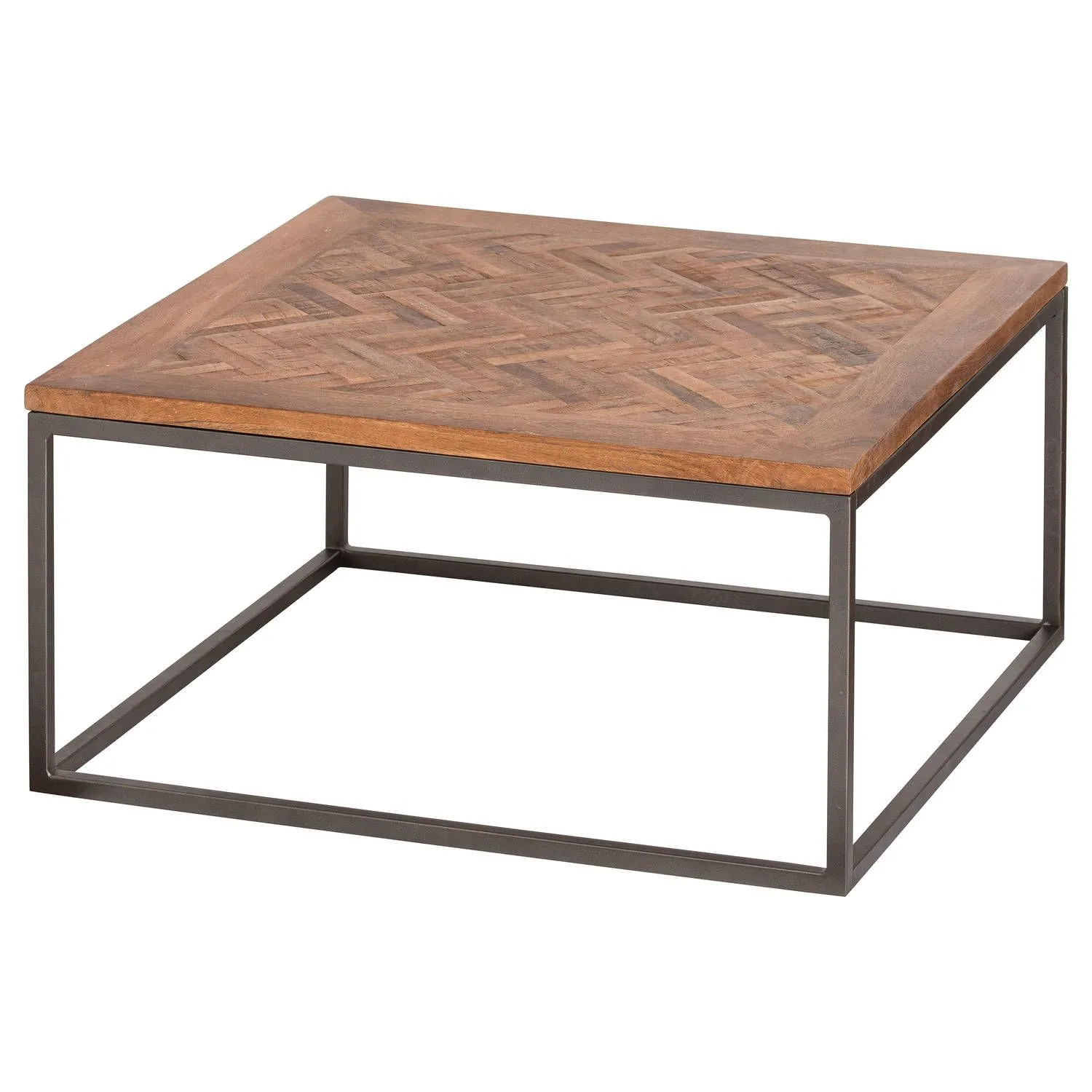 Hoxton Brown Acacia Wood Parquet Top Square Coffee Table On Black Metal Legs