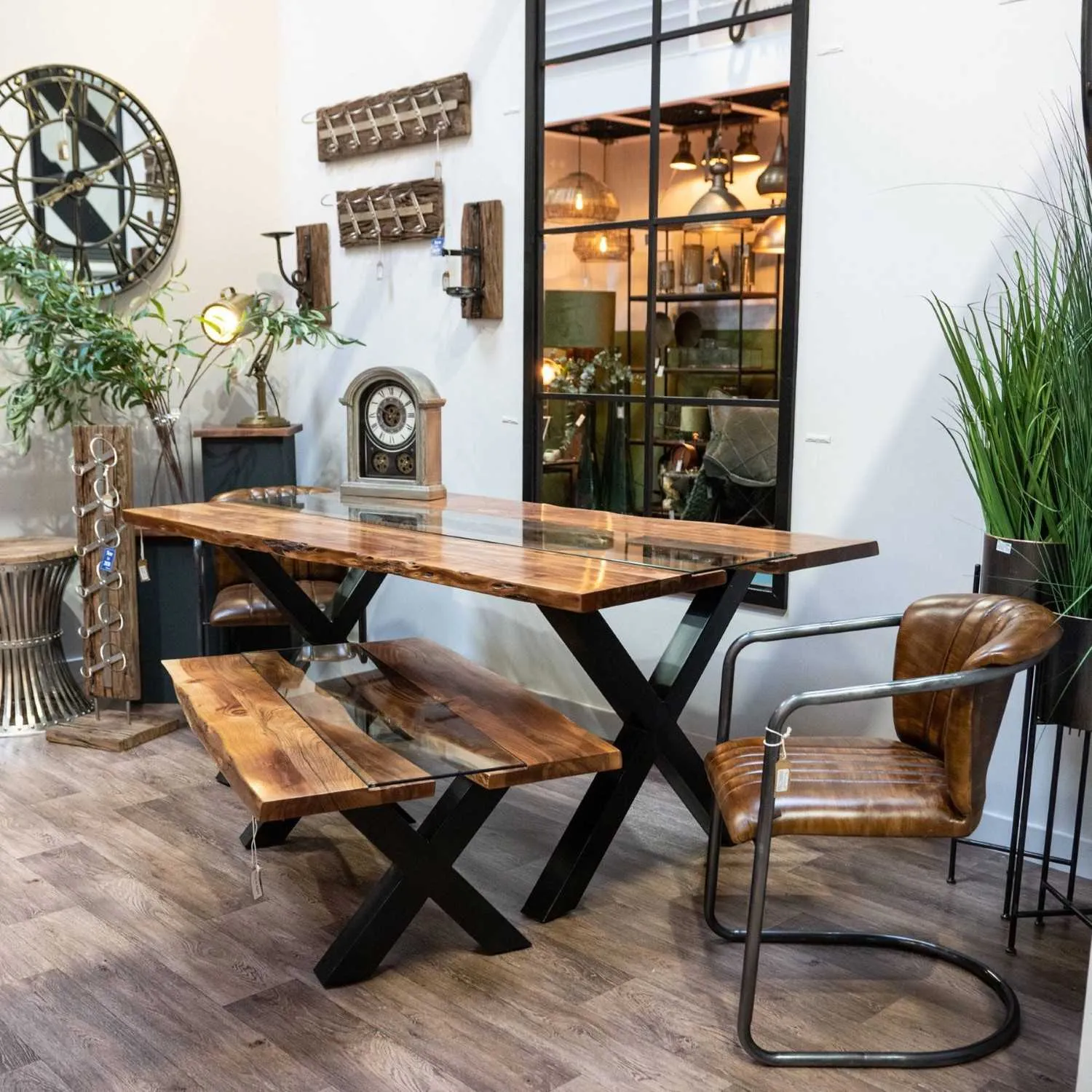 Modern Reclaimed Wood Dining Table Live Edge and Glass River Centre X Leg Frame