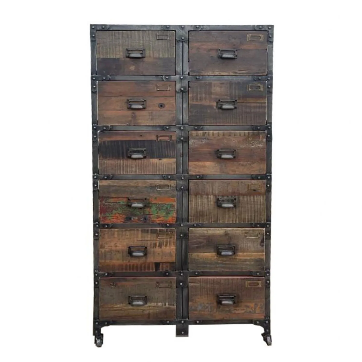Reclaimed Wood And Metal Chest with 12 Drawers