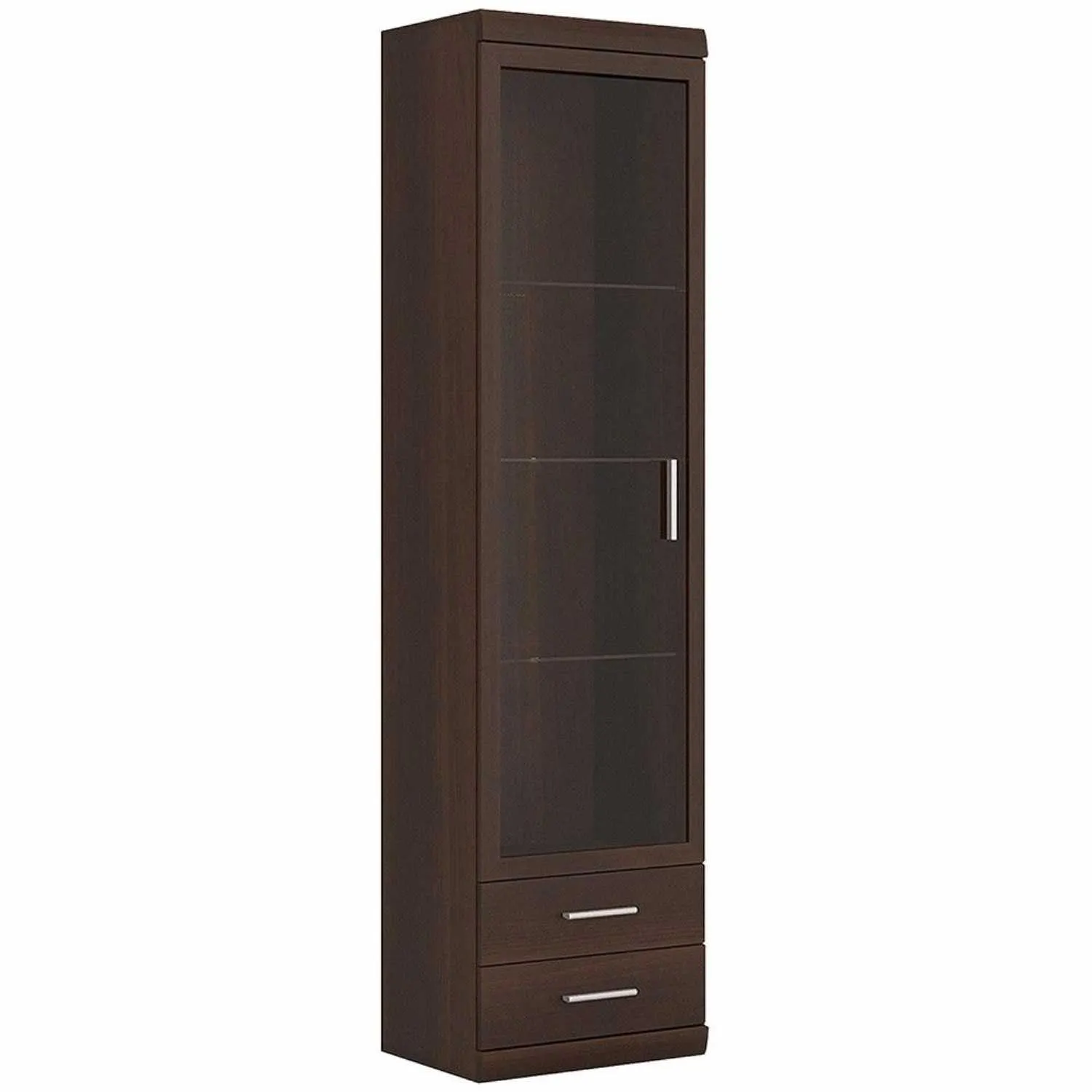 Dark Mahogany Tall Slim Glazed 1 Door 2 Drawer Narrow Display Cabinet