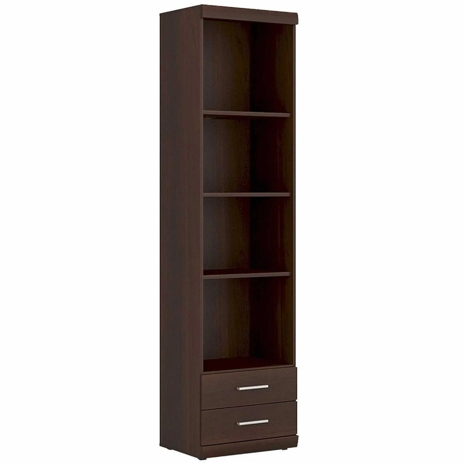 Dark Mahogany Slim Tall 2 Drawer Narrow Bookcase Cabinet Open Shelving