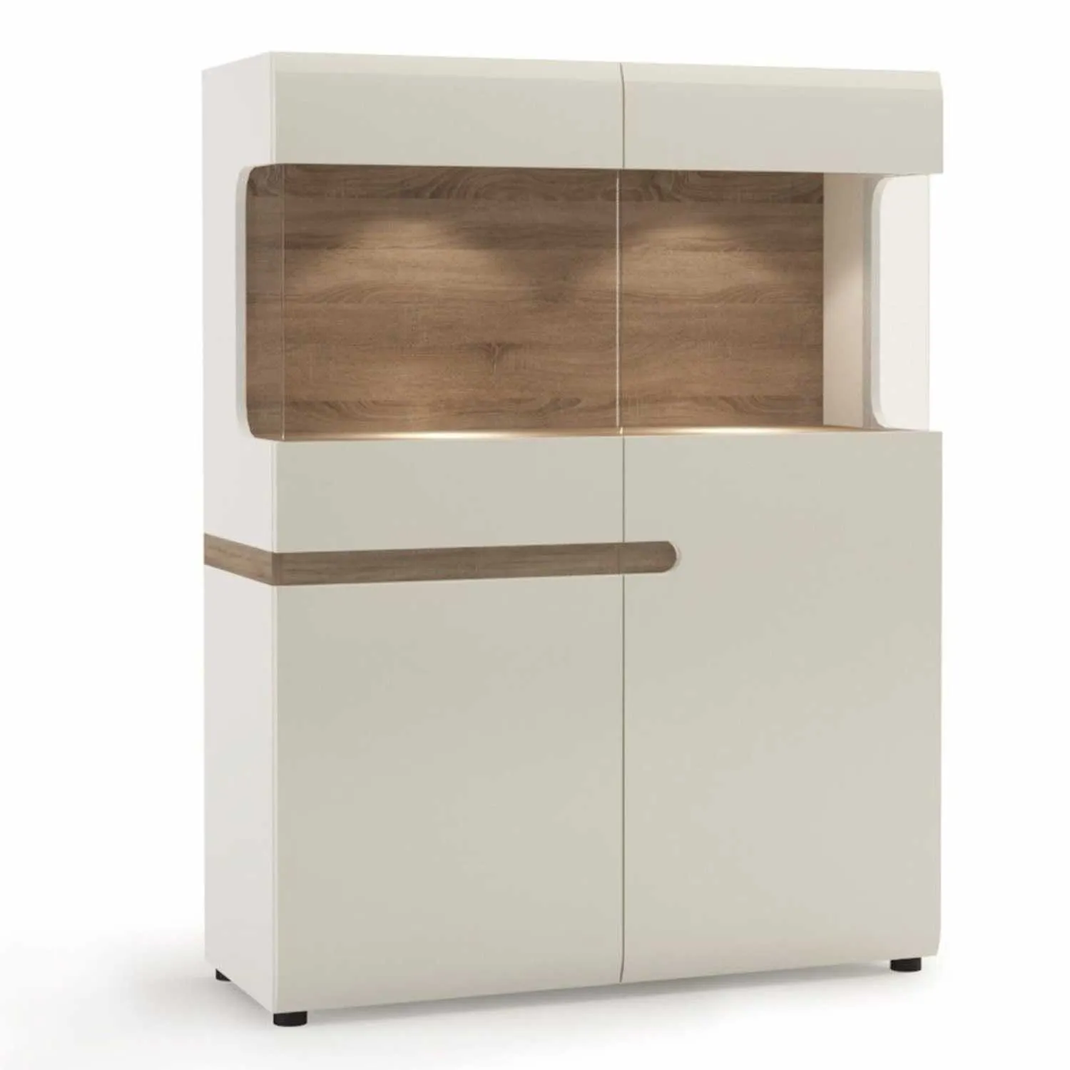 Modern Glazed White High Gloss Oak 2 Door Low Display Cabinet 109cm Wide