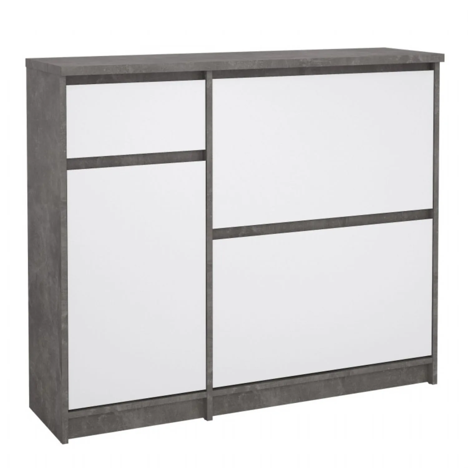 Shoe Cabinet with 2 Shoe Compartments, 1 Door and 1 Drawer in Concrete and White High Gloss