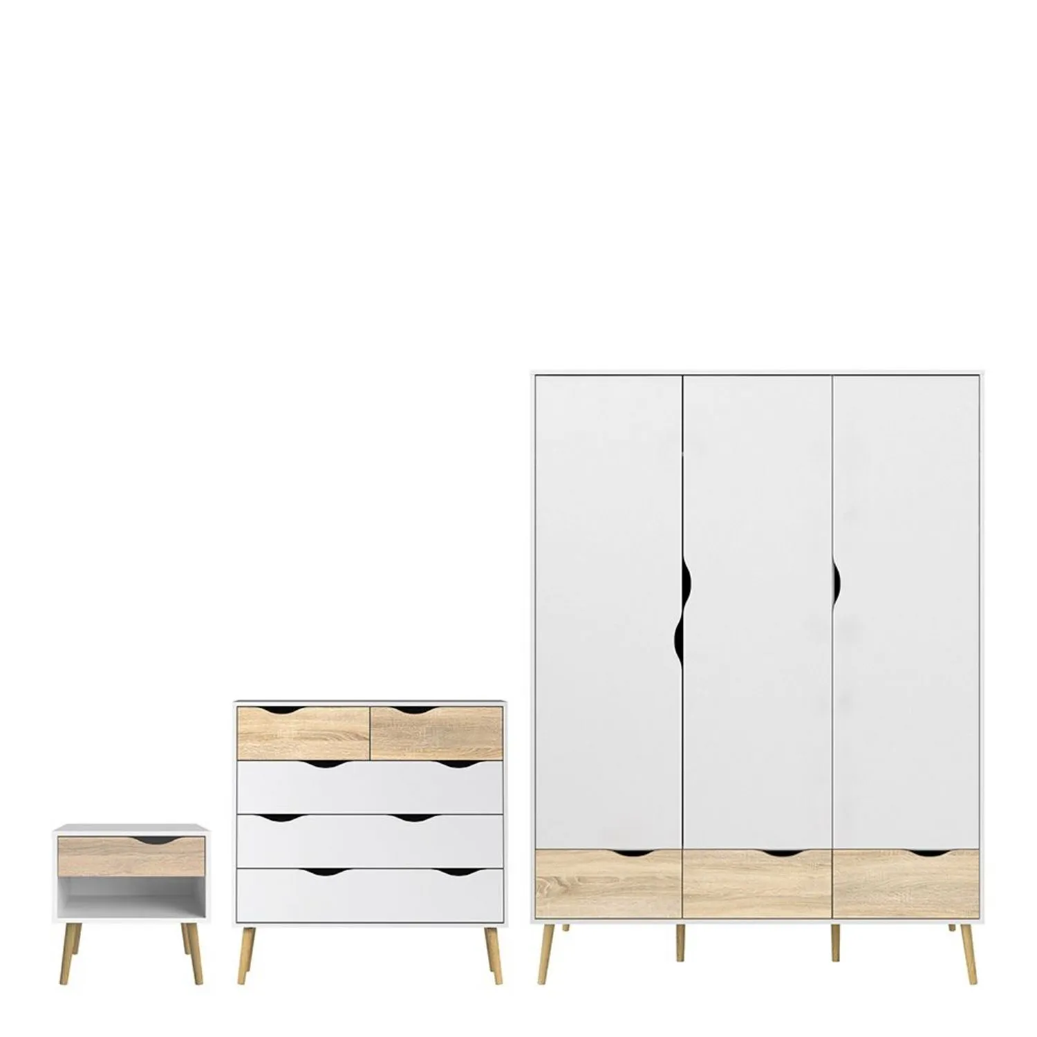 Oslo Package Bedside 1 Drawer + Chest of 5 Drawers (2+3) + Wardrobe 3 Doors 3 Drawers in White and Oak