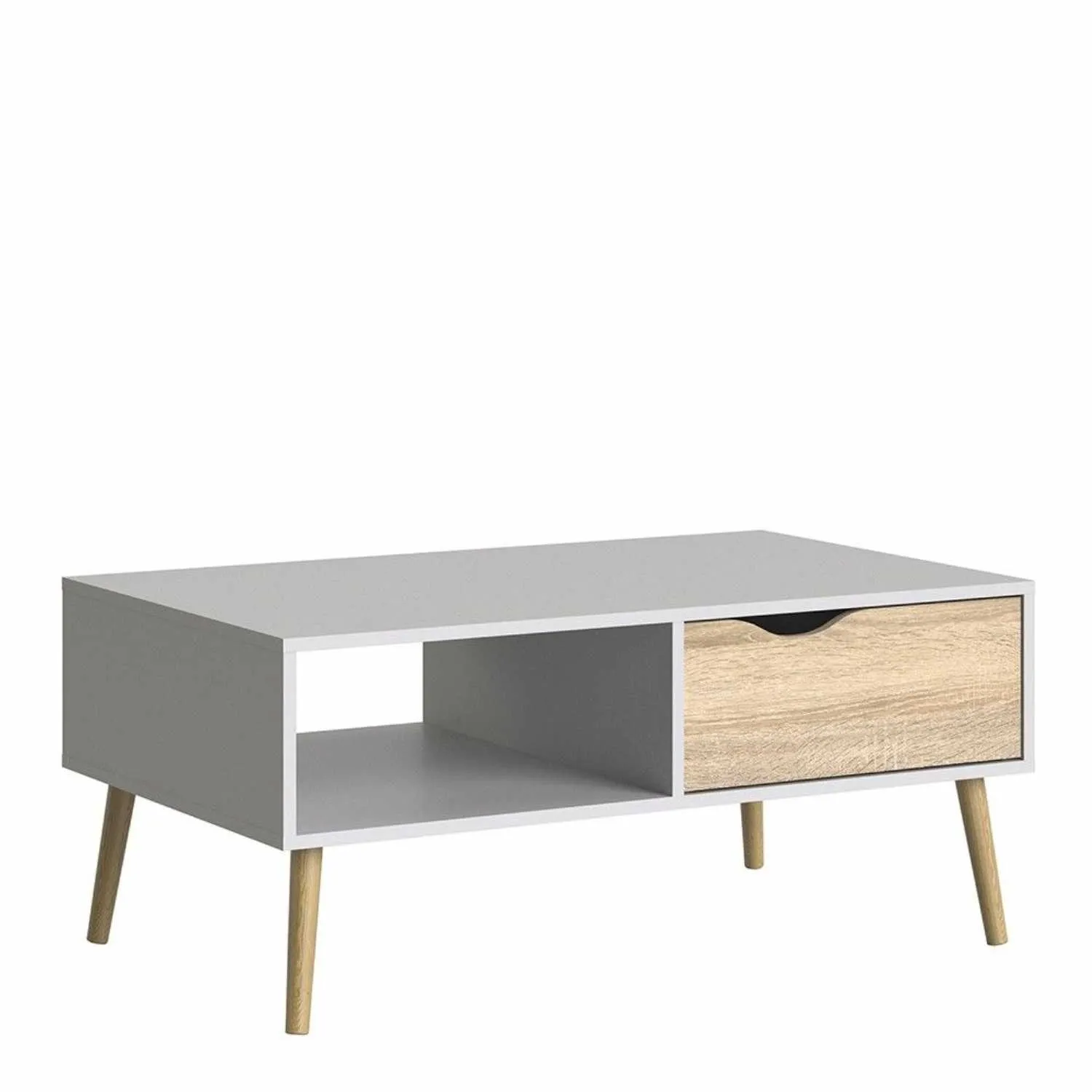 White and Oak Low 1 Drawer Coffee Table With Cut Out Handle 43.3x98.7cm