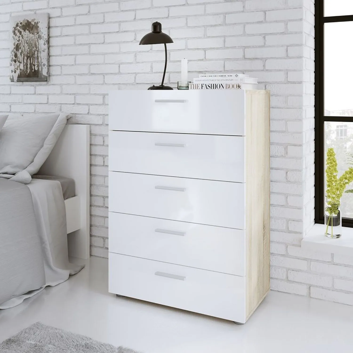 Modern Chest of 5 Drawers in Oak With White High Gloss 70 x 102cm