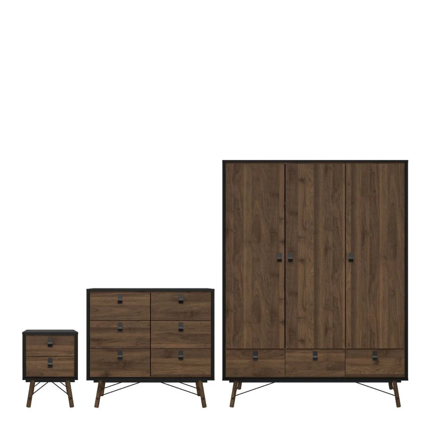 Ry Package Wardrobe 3 doors + 3 drawers + Double chest of drawers 6 drawers + Bedside cabinet 2 drawer in Matt Black Walnut