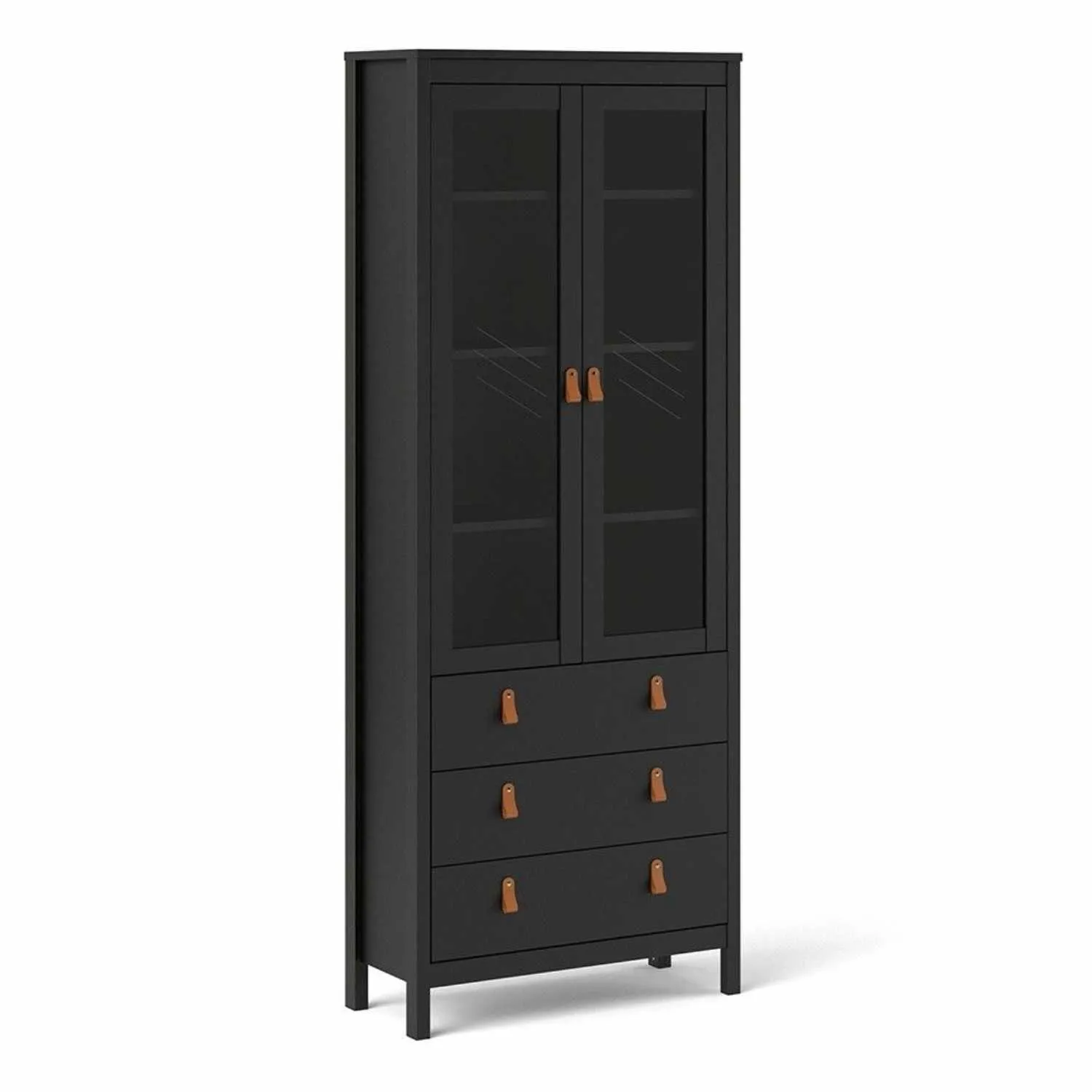 Matt Black 2 Door 3 Drawer Cabinet With Brown Leather Tab Handles