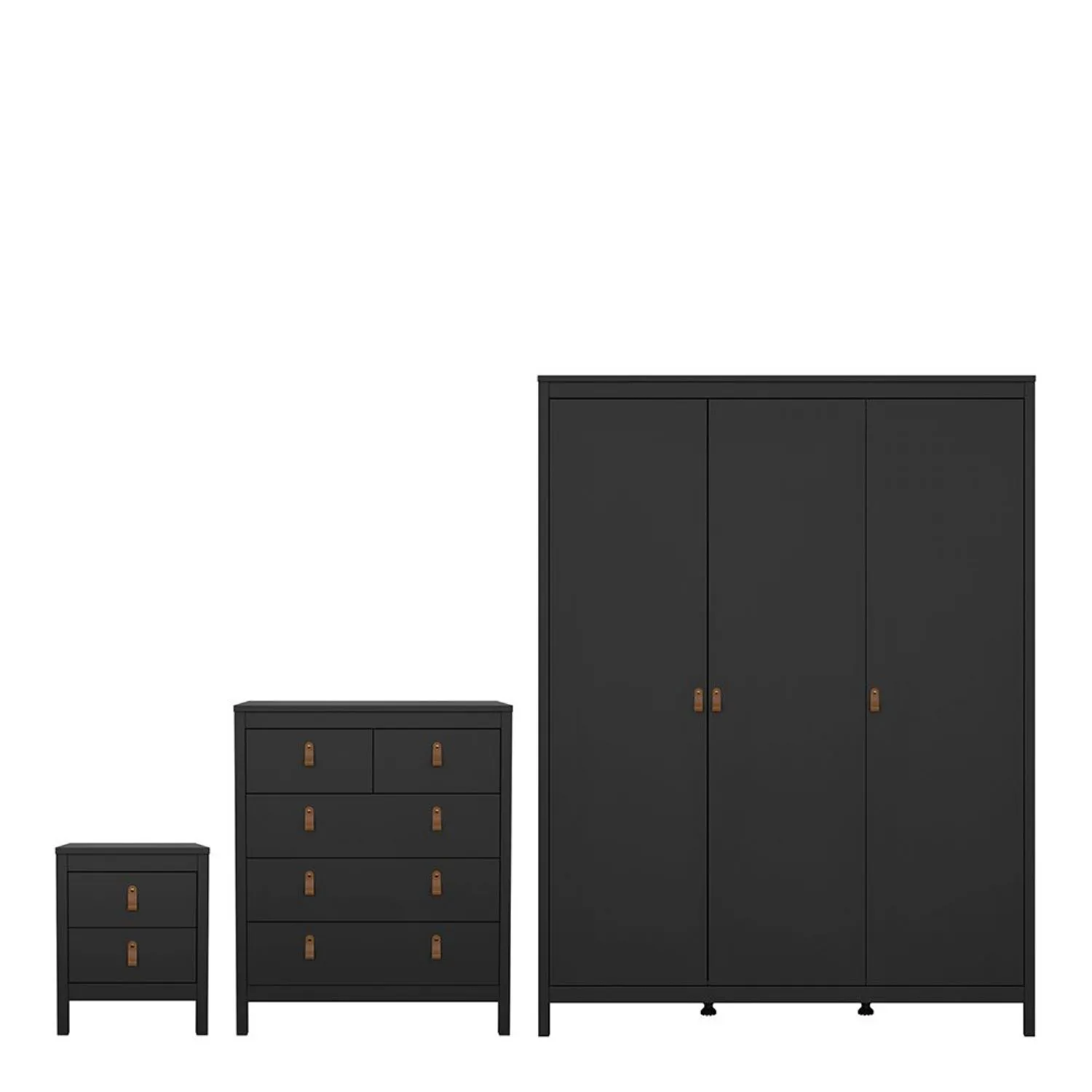 Barcelona Package Bedside Table 2 drawers + Chest 3+2 drawer + Wardrobe with 3 doors in Matt Black