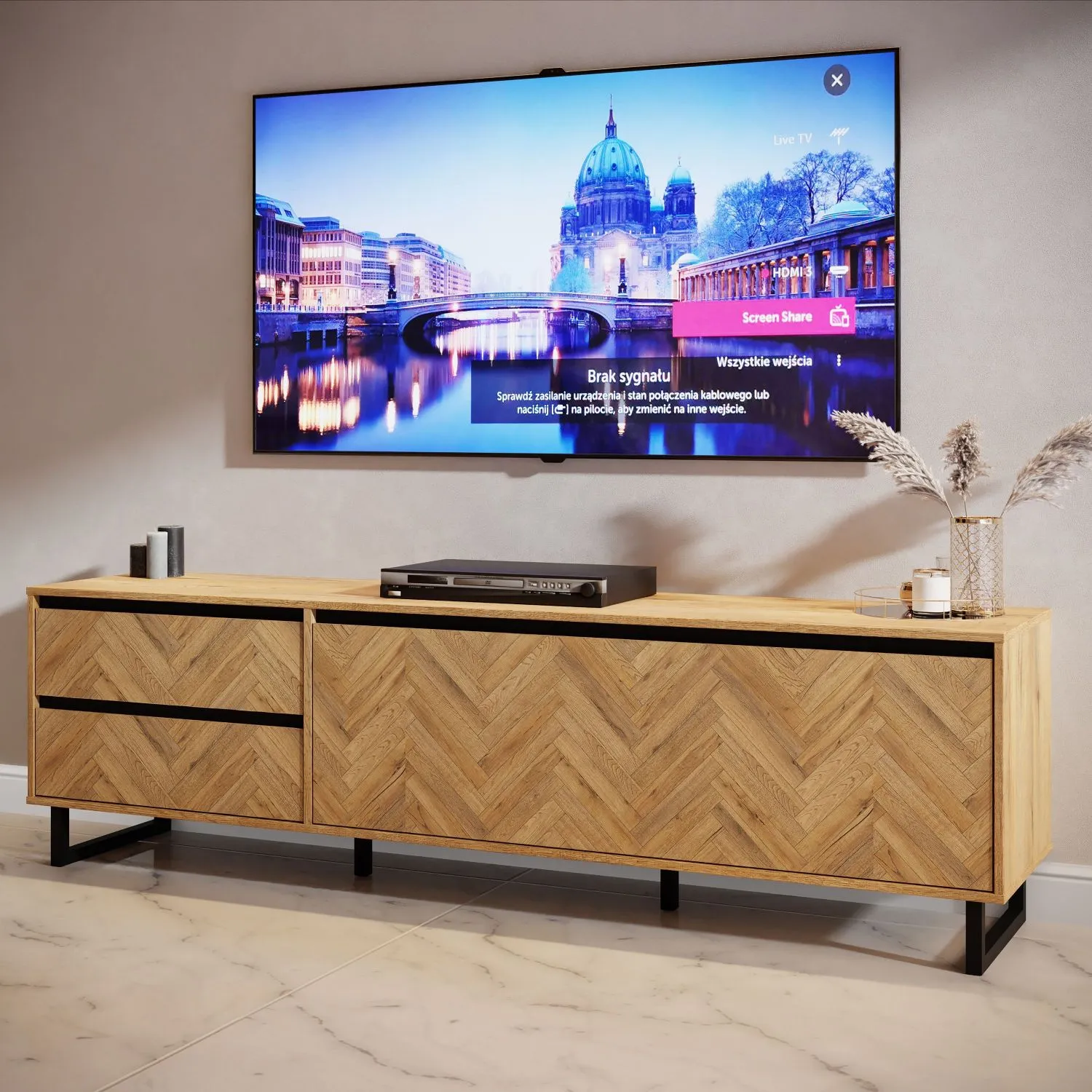 Modern Parquet Oak TV Unit 2 Drawers