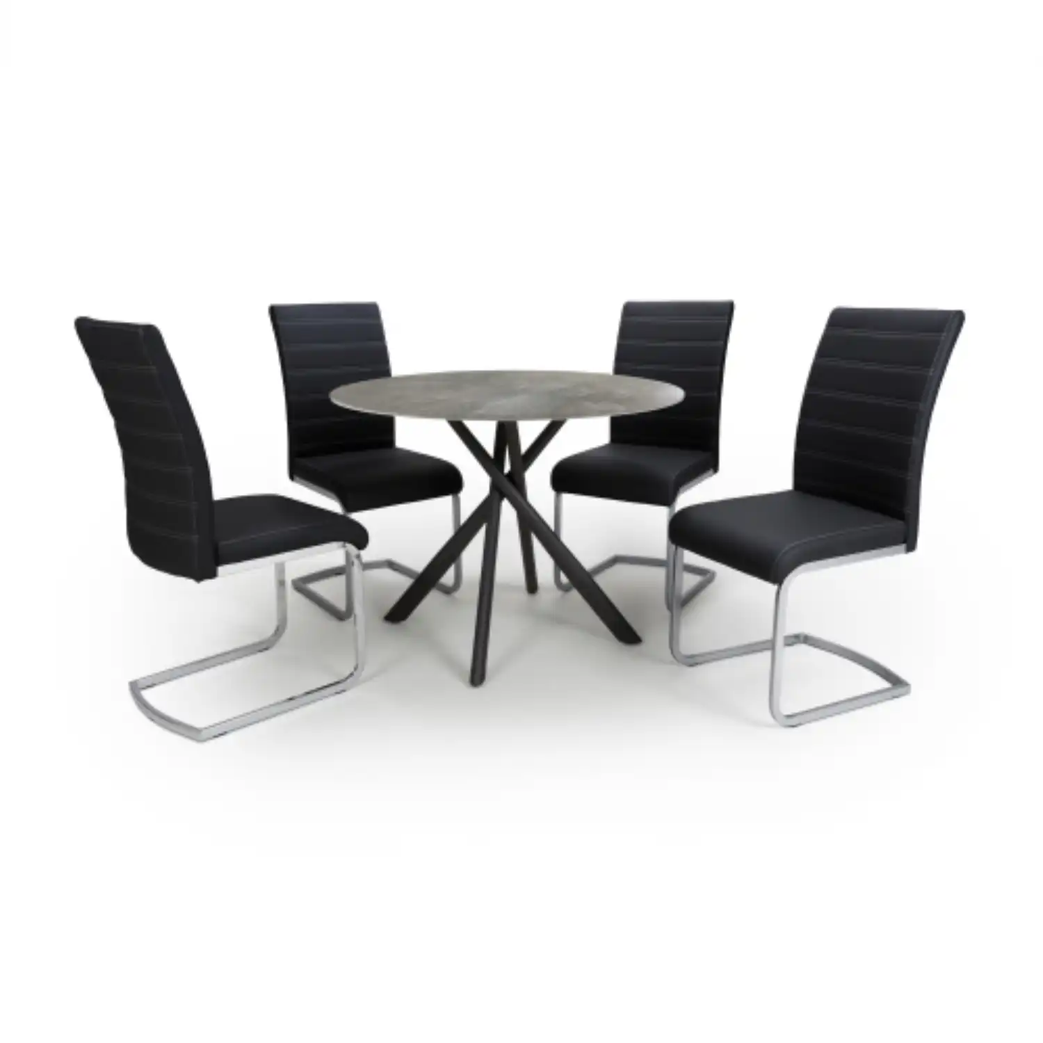 Grey Glass Top Round Dining Table Set 4 Black Leather Chairs