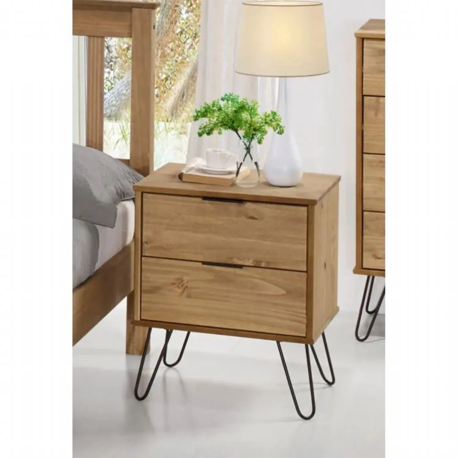 Pine 2 Drawer Bedside Chest Hairpin Metal Legs