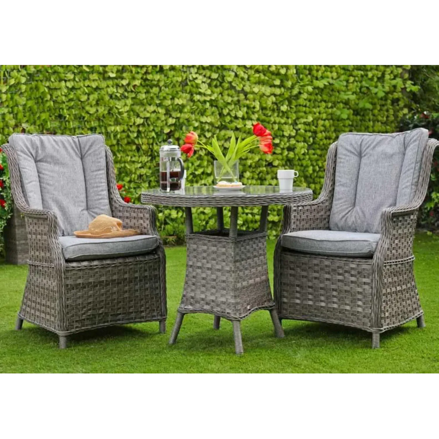 Luxury Grey Rattan Round Table and 2 Armchairs Bistro Set