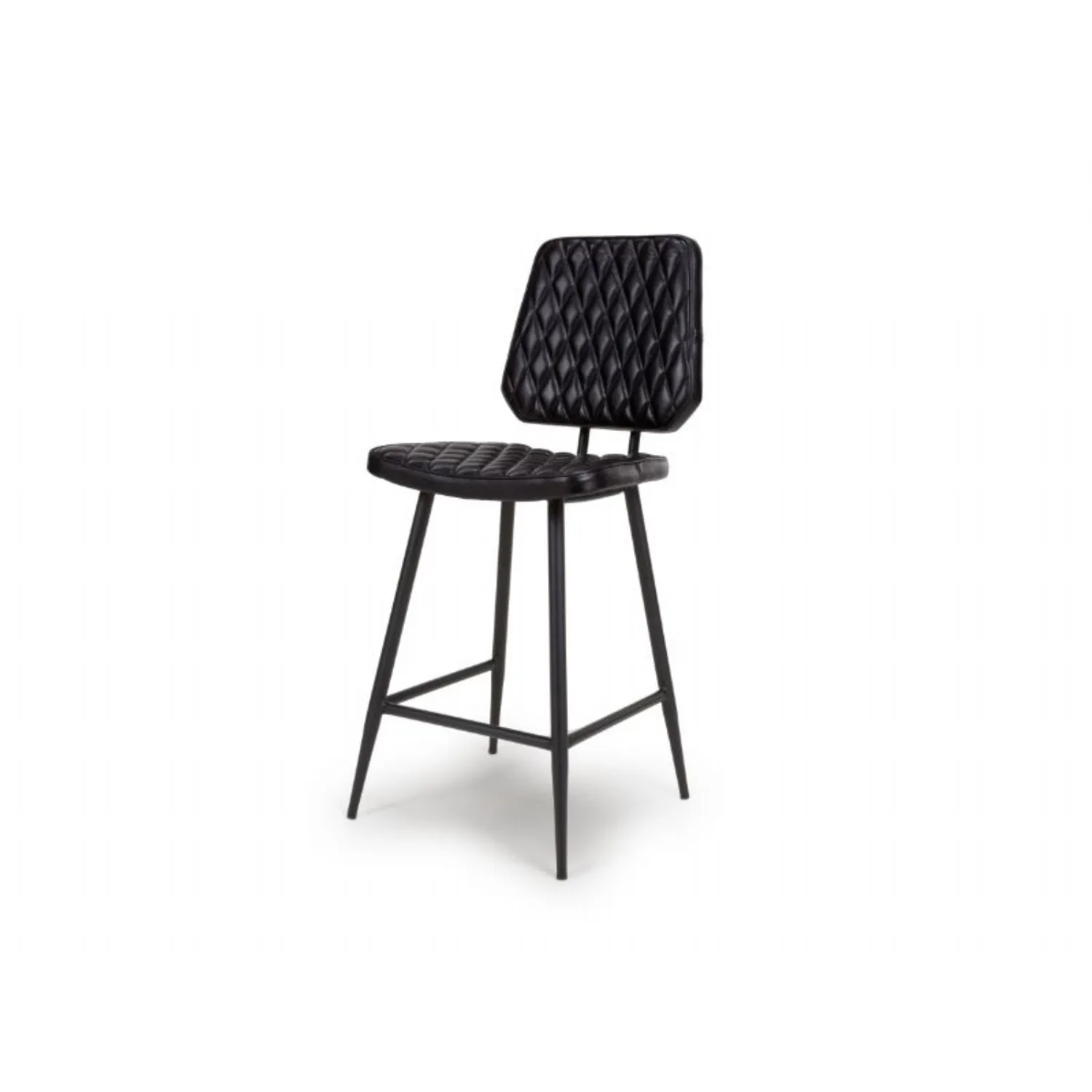 Black Quilted Leather Bar Stool with Black Metal Legs