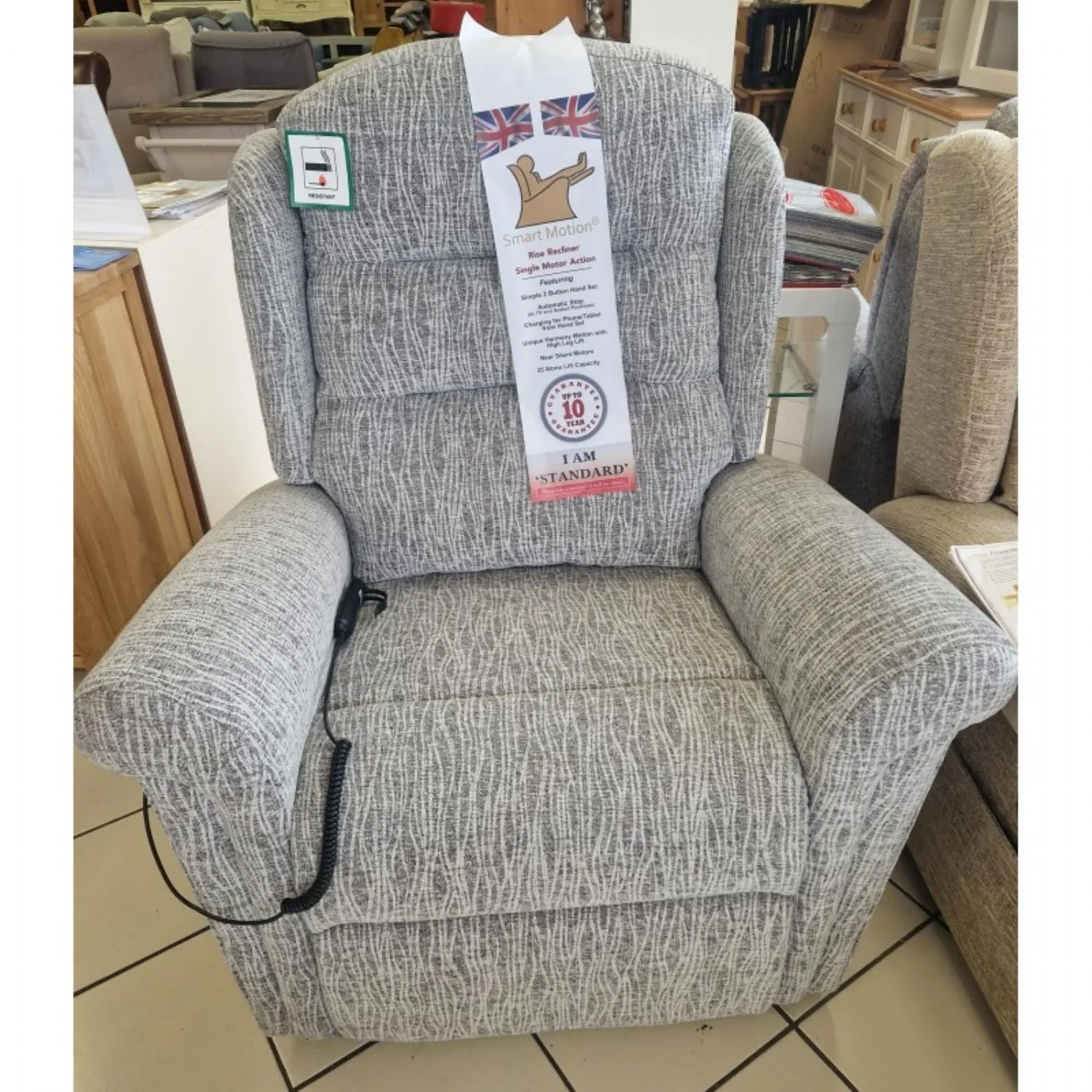 Lift and Rise Recliner Single Motor Chair in Light Grey Fabric