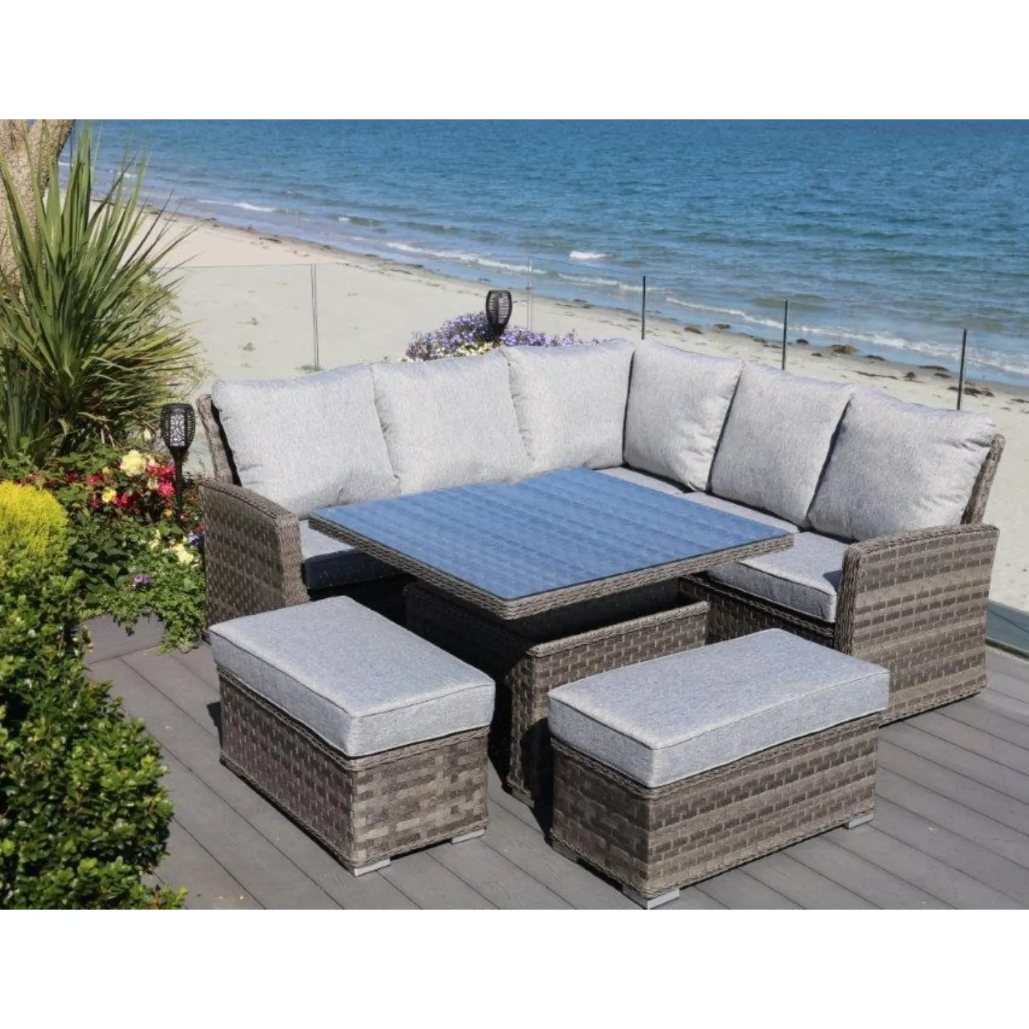 Luxury Dark Grey Rattan Corner Set with 100cm Square Rising Table