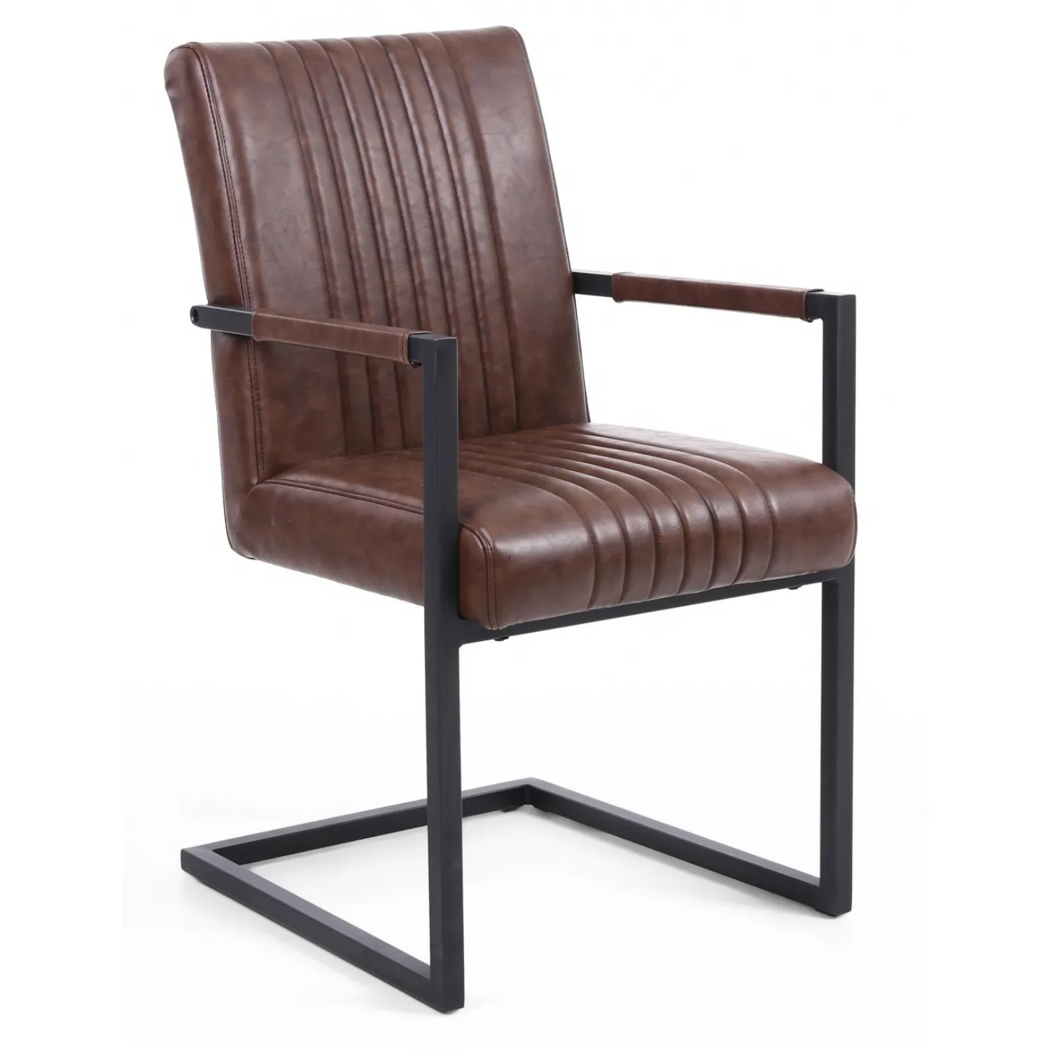 Brown Leather and Metal Carver Dining Chair