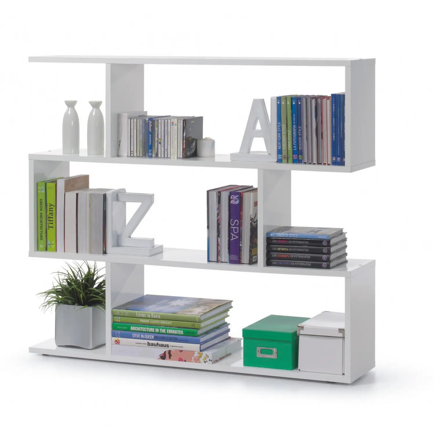 Antarctic Satin White Wide Staggered Shelf Bookcase